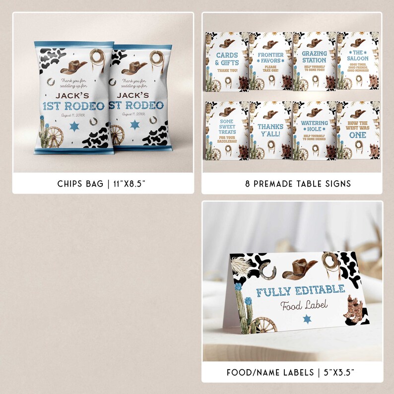 May include: A collection of party supplies with a Western theme. Includes chip bags, table signs, and food labels. The chip bags are 11" x 8.5" and feature cowboy hats, cacti, and the text "Jack's 1st Rodeo". The food labels are 5" x 3.5".
