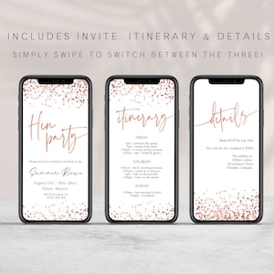 hen party mobile invitation suite in a stunning rose gold confetti theme. The invitation suite includes invite, itinerary and details for sending via WhatsApp, text message . Easy to edit, print and send. This is perfect for any stylish bridal shower