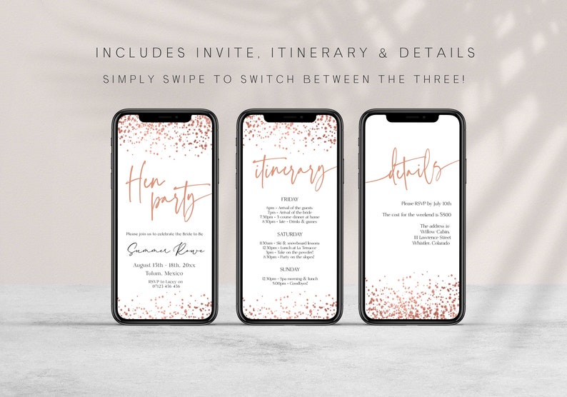 hen party mobile invitation suite in a stunning rose gold confetti theme. The invitation suite includes invite, itinerary and details for sending via WhatsApp, text message . Easy to edit, print and send. This is perfect for any stylish bridal shower