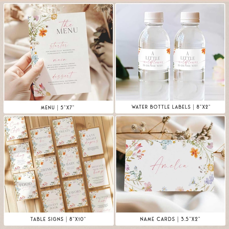 May include: A collection of floral-themed party supplies, including a menu, water bottle labels, table signs, and name cards. The menu is held by a hand and features text. The water bottle labels read "A Little Wildflower Is On The Way!"