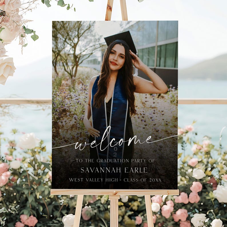 PRINTED + SHIPPED Photo Graduation Welcome Sign, Faded Graduation Board, Senior College Graduation Party Welcome Sign, Graduation Backdrop