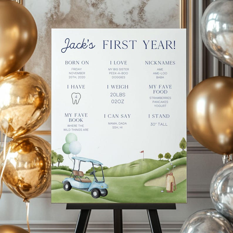 Hole In One 1st Birthday Milestone Poster, My First Year Golf Birthday Milestone Board Canva Editable Template Hole in One Birthday GO1 image 1
