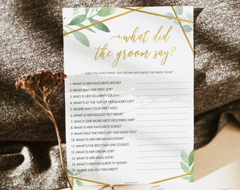 Bridal Shower Games, What Did the Groom Say, Bridal Shower Game Printable, Bachelorette Games, Gold Greenery, Wedding Shower Games, GG1