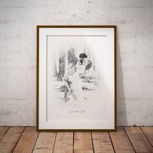 Croquis au crayon Portrait de couple à partir d'une photo, cadeau de mariage personnalisé pour femme mari petit ami, cadeau de fiançailles, art mural numérique personnalisé