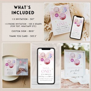 first trip around the sun birthday party bundle in a pink solar theme. The bundle is fully editable and includes items such as invitations, welcome signs, first year sign, tags, labels, bunting and more