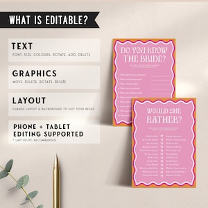 May include: Two printable bridal shower game cards with pink and orange borders. The first card asks "Do you know the bride?" and has 10 questions to answer. The second card asks "Would she rather?" and has 14 questions to answer.