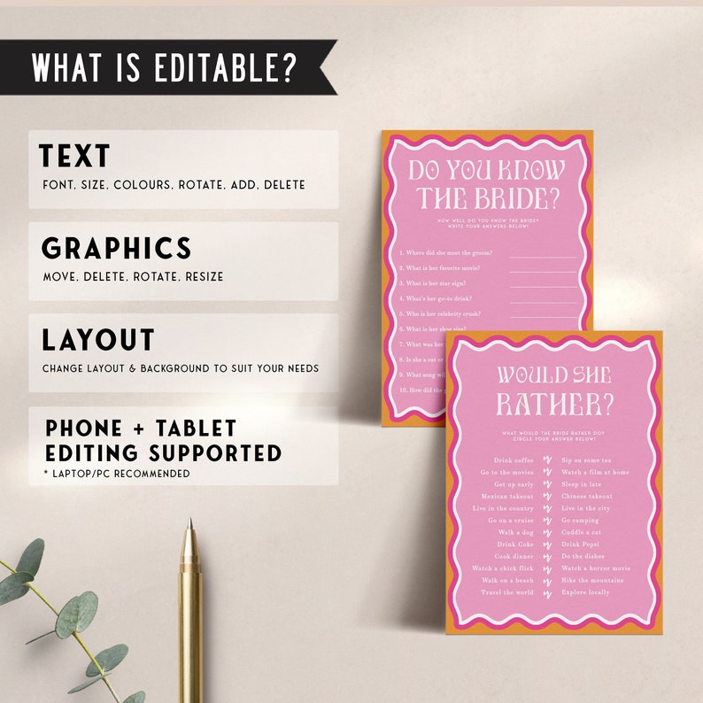 May include: Two printable bridal shower game cards with pink and orange borders. The first card asks "Do you know the bride?" and has 10 questions to answer. The second card asks "Would she rather?" and has 14 questions to answer.