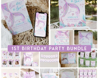 ONEDER the Sea Birthday Party Bundle, EDITABLE Mermaid 1st Birthday Invite, 1st Birthday Bundle, Under the Sea Party Decor Bundle MER1