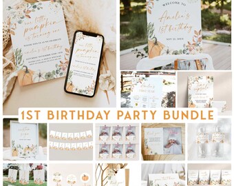 May include: A first birthday party bundle with a pumpkin theme. The bundle includes invitations, decorations, food labels, and thank you cards. The design features watercolor pumpkins, leaves, and flowers in shades of orange, brown, and green.