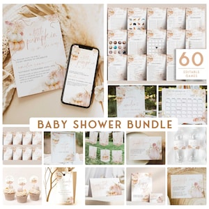 May include: A baby shower bundle with a pumpkin theme. The bundle includes invitations, games, decorations, and favours. The colours are peach, brown, and white. The text on the invitation says "A little pumpkin is on the way!" and "Amelia Rowe".