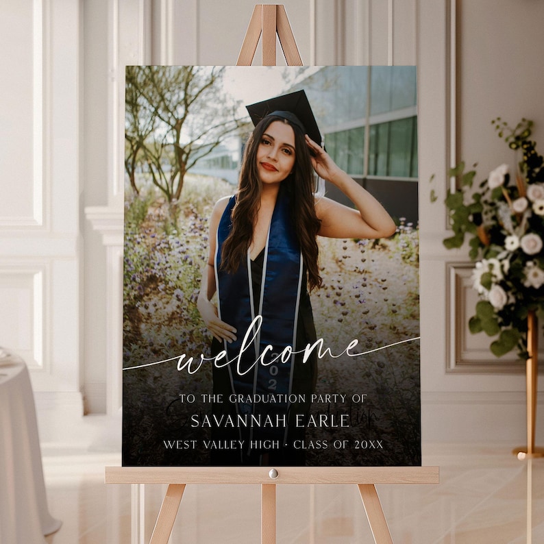 PRINTED + SHIPPED Photo Graduation Welcome Sign, Faded Graduation Board, Senior College Graduation Party Welcome Sign, Graduation Backdrop