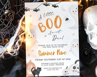 Modèle d'invitation de baby shower Halloween, un petit huard presque dû, invitation de baby shower Halloween, baby shower fantôme, baby shower effrayant LB2