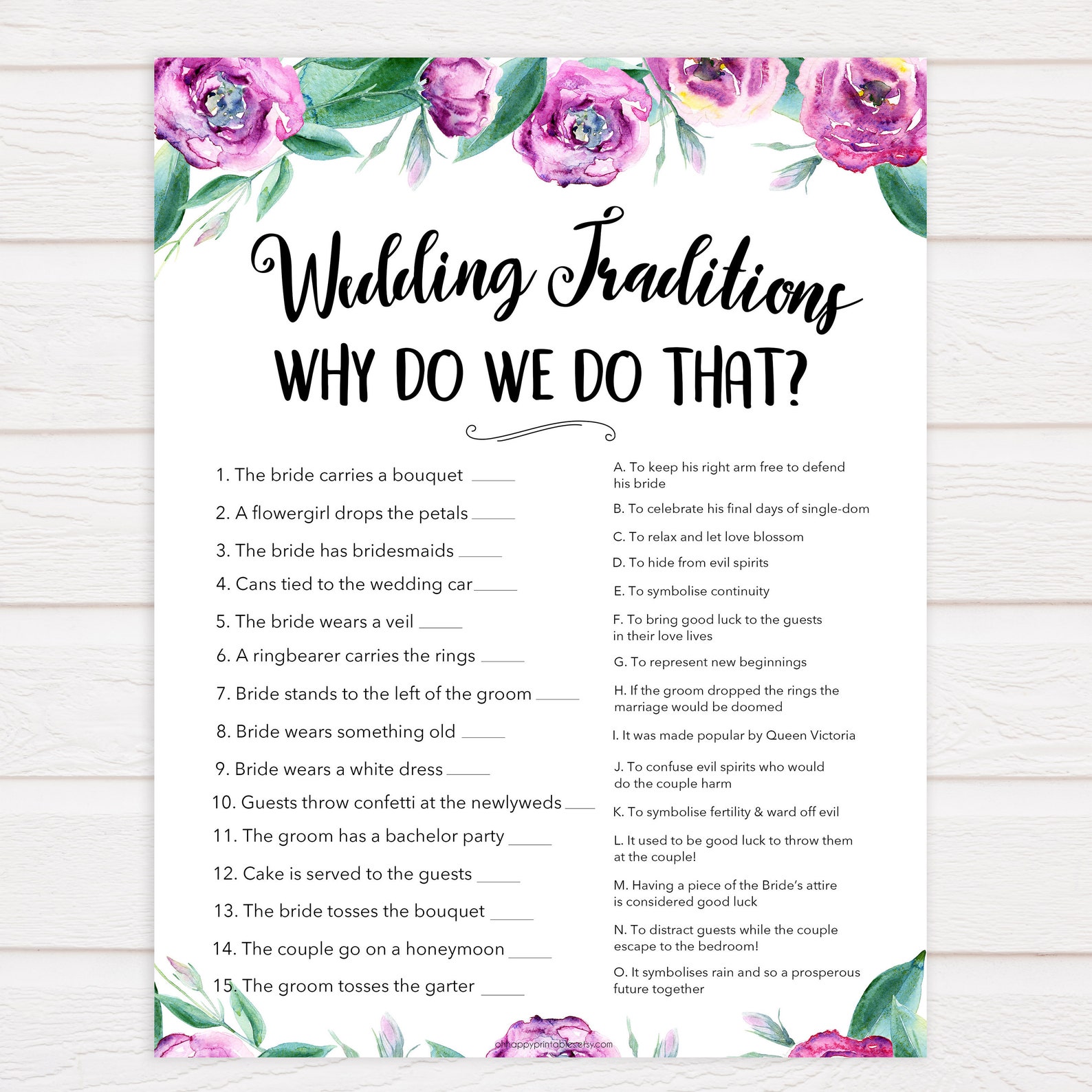 Wedding Traditions Bridal Shower Game Wedding Trivia Game Etsy