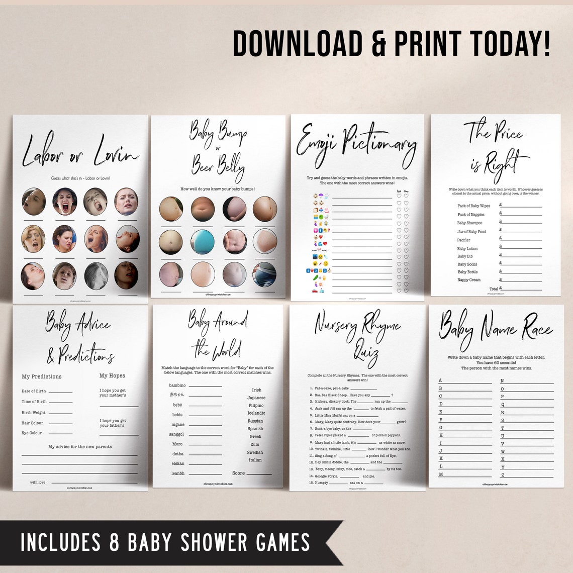 8 Baby Shower Games, Printable Baby Shower Games, Baby Shower Games