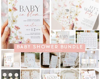 Baby in Bloom Baby Shower Invitation Bundle Printable, Summer Wildflower Baby Shower, Editable Baby Shower Games, Floral Baby Shower BIB