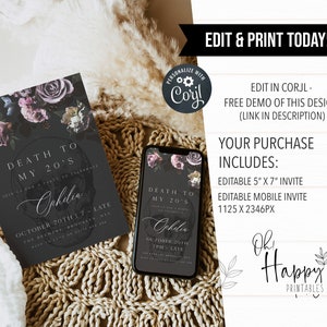 fully editable invitation and mobile invitation celebrating the death of my twenties. Gothic floral death to my twenties invitation suite