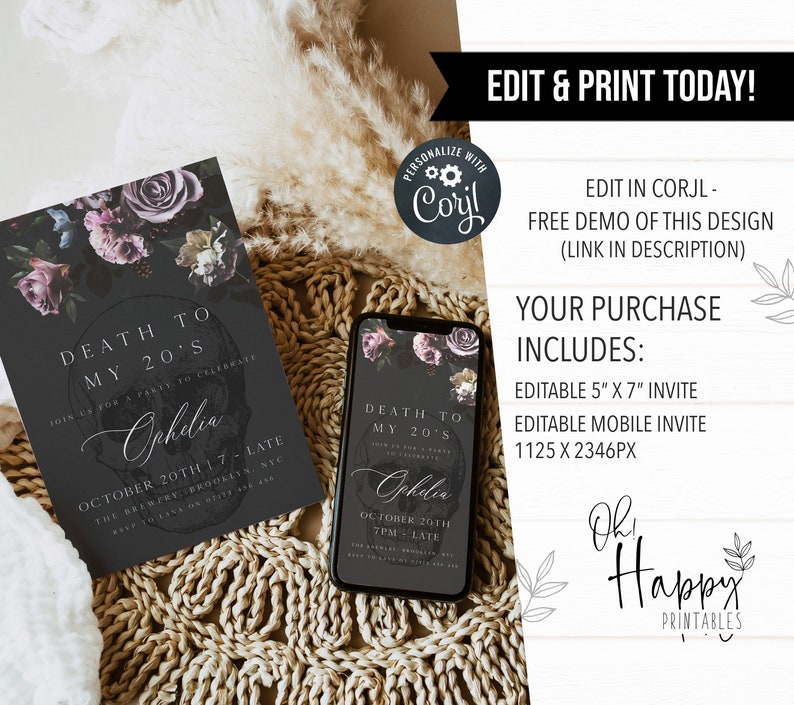 fully editable invitation and mobile invitation celebrating the death of my twenties. Gothic floral death to my twenties invitation suite