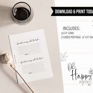 May include: Printable cards with the text "favorite memory with the bride" and lines for writing. The cards are 6 inches by 4 inches and there are two cards per page. The cards are designed in a minimalist style with black text on a white background.