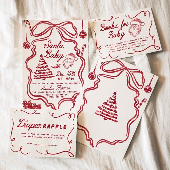 Hand Drawn Christmas Baby Shower Invitation, Santa Baby Baby Shower Set, Books For Baby & Diaper Raffle Editable Canva Template, Doodle Red
