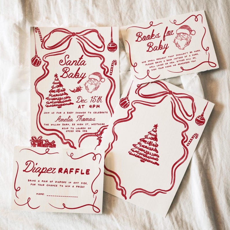 Invitación navideña para baby shower dibujada a mano, set de baby shower de Papá Noel, plantilla editable de Canva para rifa de libros y pañales para bebé, Doodle Red imagen 1