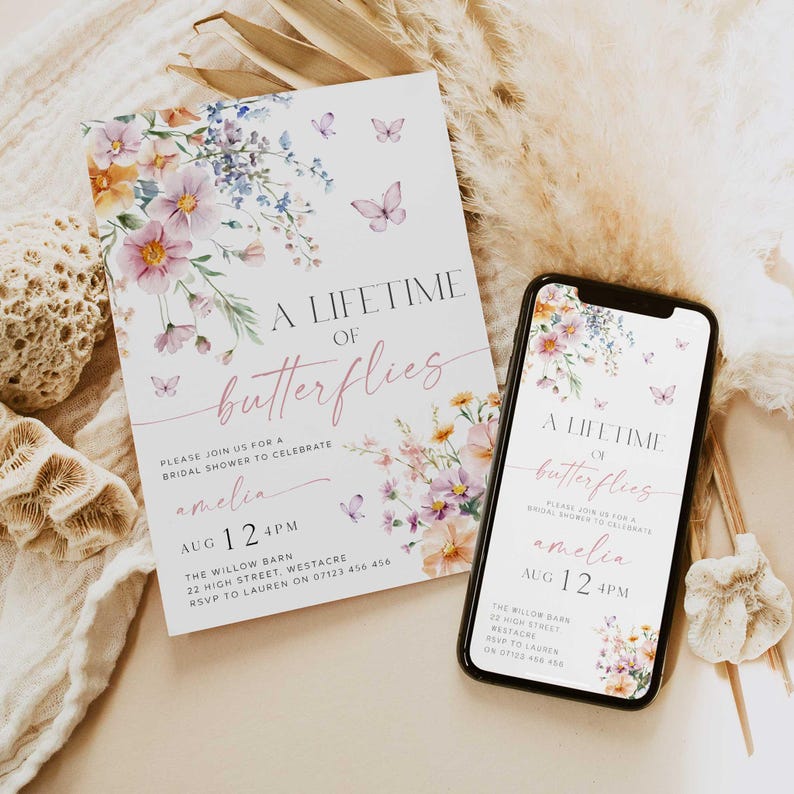 Lifetime of Butterflies Bridal Shower Invite, Editable Wildflower Butterfly Bridal Invitation, Summer Butterfly Bridal Shower Invite