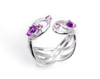 INFINITY Ring. 925 Silver with Amethysts. Adjustable Contrarié Model. Classic and Romantic Elegant Ring. Art Nouveau Style Gift for Her