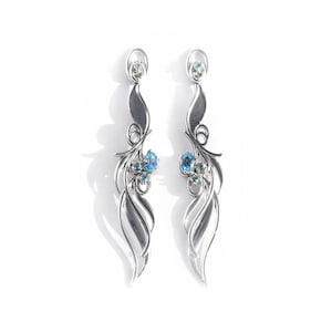 SPRING Earrings. White Rhodium Sterling Silver and natural Blue Topaz. Made in Italy. Art Nouveau / Fantasy style. Romantic elegant and chic