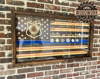 XL Glass Encased US Flag Thin Blue Line Challenge Coin Display Case w/ Hinged Door (free personalization)