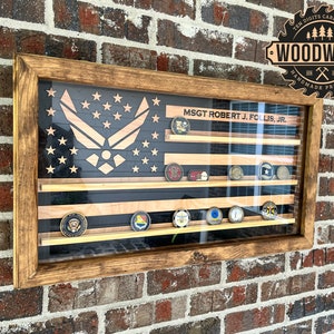 Med Glass Encased US Flag i-CNC Subdued Challenge Coin Display Case w/ Hinged Door & Air Force Wings Emblem