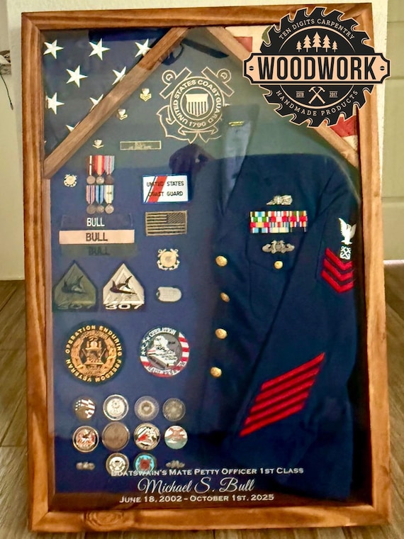 dress blue shadow box Uniform-xl Glass Encased Military W/ Splines to Secure Joints (does Not Include the Flag) Display case