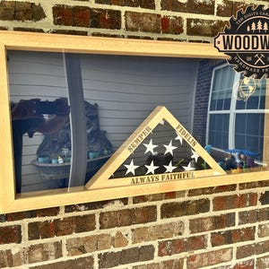 Ready Now! #1569. Large Glass Encased Military Shadow Box (does not include the flag) w/ solid Hard Maple Wood Frame