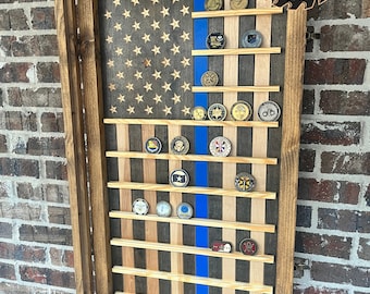 Vitrina grande de vidrio con diseño vertical de bandera estadounidense, línea azul delgada, con puerta con bisagras (personalización gratuita)