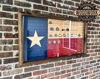 XL Glass Encased Texas Flag Challenge Coin Display Case w/ Hinged Door (free personalization)