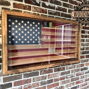XL Glass Encased US Flag Shadow Box (or Shot Glass) Display Case w/ Hinged Door & 3&quot; Deep Shelves (free personalization)