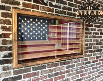 XL Glass Encased US Flag Shadow Box (or Shot Glass) Display Case w/ Hinged Door & 3" Deep Shelves (free personalization)