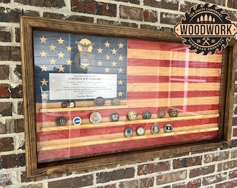XL Glass Encased US Flag Challenge Coin Display Case w/ Hinged Doors & Emblem (free personalization)