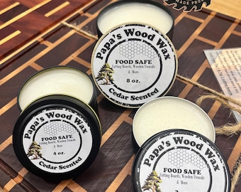 Cera de Madera de Papa (Manteca de Madera). Aroma a cedro. Elaborada con aceite mineral de grado alimenticio y cera de abejas. Fabricada por veteranos en EE. UU.