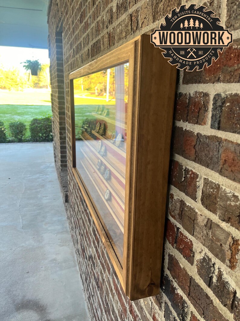 XL Glass Encased US Flag Challenge Coin Display Case W/ Sliding Door ...