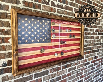 XL Glass Encased US Flag Challenge Coin Display Case w/ Hinged Door (free personalization)