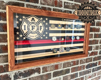 Med Glass Encased US Flag Thin Red Line Challenge Coin Display Case w/ Sliding Door (free personalization)