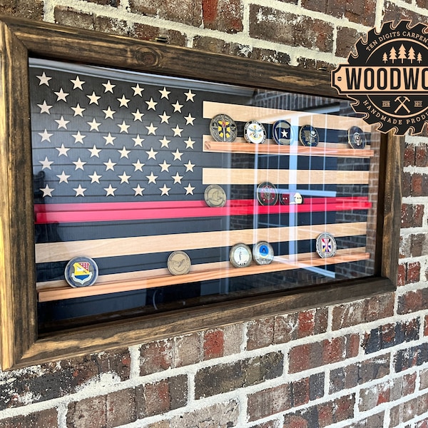 Medium i-CNC (Black/Natural) Subdued US Flag Thin Red Line Challenge Coin Glass Display Case (w/ free personalization)