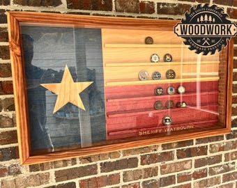 XL Glass Encased Texas Flag Challenge Coin Display Case w/ Sliding Door (free personalization)