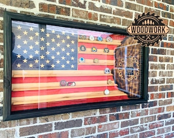 XL Glass Encased US Flag Challenge Coin Display Case w/ Hinged Door & Burnt Emblem (free personalization)