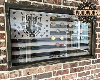 Large Glass Encased US Flag Subdued Challenge Coin Display Case w/ Hinged Door & Emblem (free personalization)