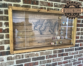 Large Glass Encased Custom Challenge Coin Display Case w/ Sliding Door (free personalization)