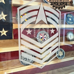 May include: A wooden shadow box with an American flag background and a silver military rank insignia. The shadow box is filled with various military challenge coins, including a coin with the text "Air Force Flying Training Group".