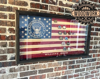Large Glass Encased US Flag Challenge Coin Display Case w/ Sliding Door & Splines (free personalization)