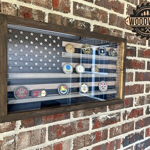 Small Glass Encased US Flag Subdued i-CNC Challenge Coin Display Case w/ Hinged Door (free personalization)