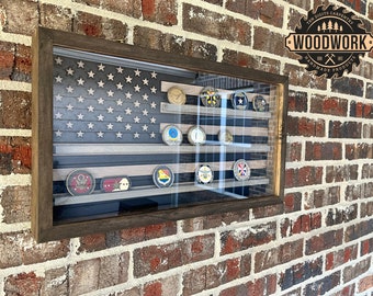 Small Glass Encased US Flag Subdued i-CNC Challenge Coin Display Case w/ Hinged Door (free personalization)