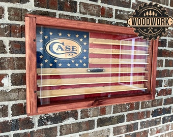 Med Glass Encased US Flag Shadow Box Display Case w/ Sliding Door & One Emblem (free personalization)